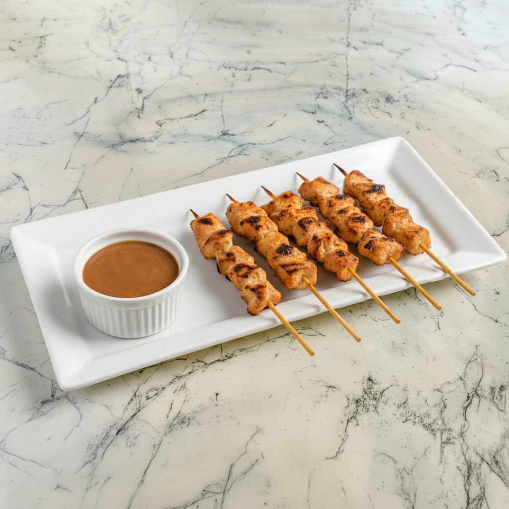 A. 5 Skewers Sate Ayam (Chicken Satay with Peanut Sauce).