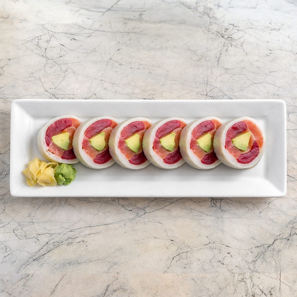 Tuna, Salmon, Yellowtail, Avocado, and tobiko naruto.
