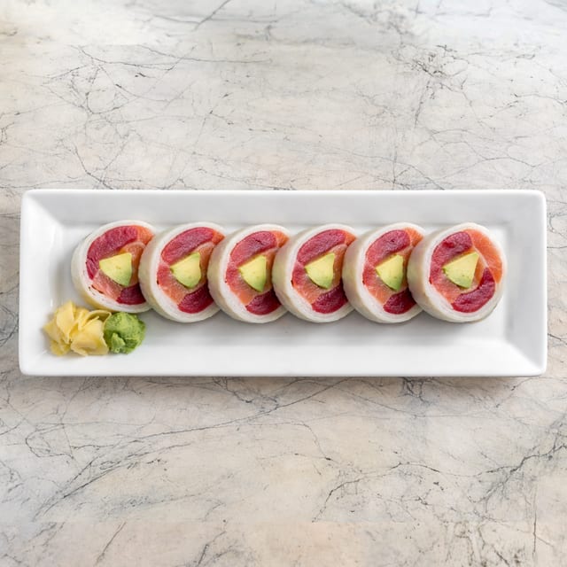 Tuna, Salmon, Yellowtail, Avocado, and tobiko naruto.