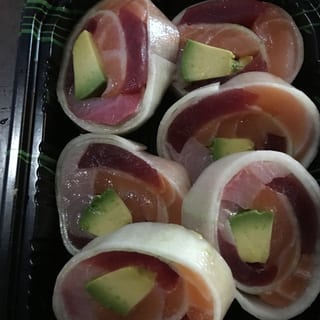 Tuna, Salmon, Yellowtail, Avocado, and tobiko naruto